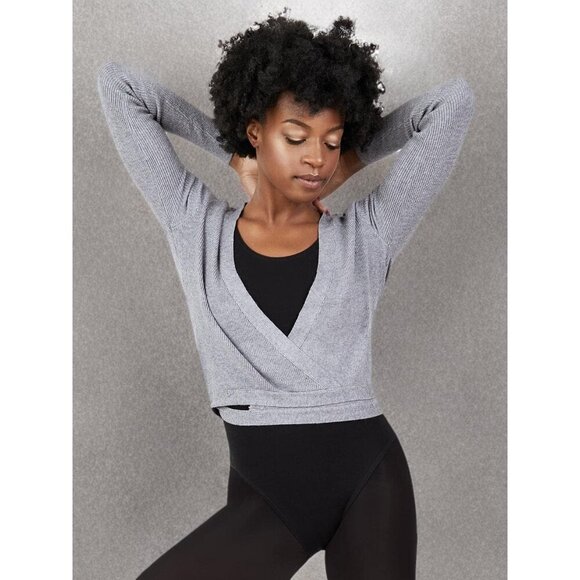 🆕 Capezio Women Grey Knit Long Sleeves V-Neck Self-Tie Hang Dry Wrap Sweater - Picture 5 of 5